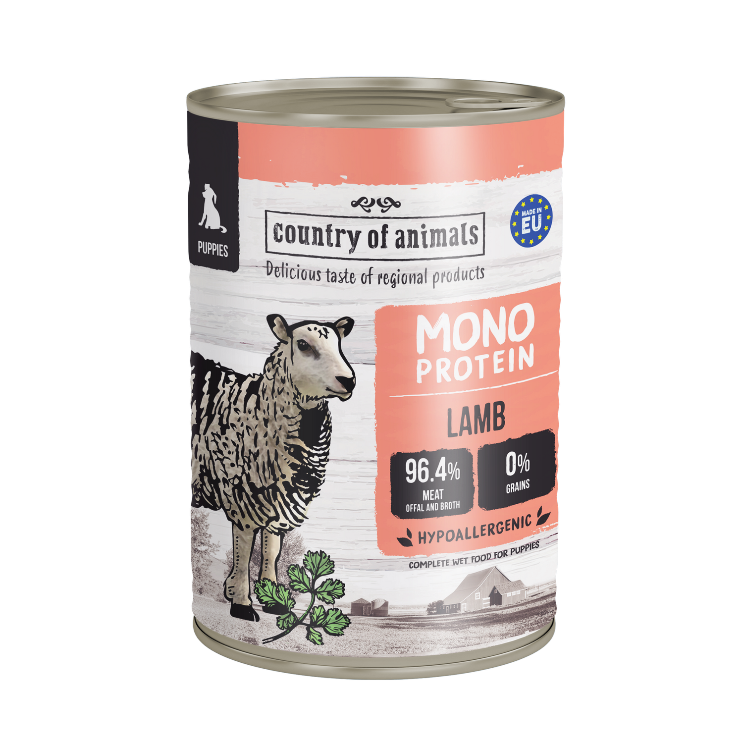 WIEJSKA ZAGRODA (COUNTRY OF ANIMALS)- MONOPROTEINOWA- KARMA MOKRA DLA SZCZENIĄT- JAGNIĘCINA - 400 GR PUSZKA