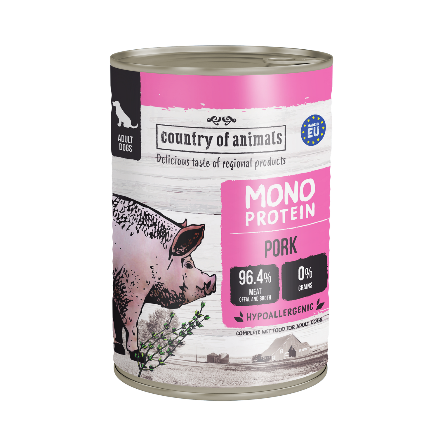 WIEJSKA ZAGRODA (COUNTRY OF ANIMALS)- MONOPROTEIN LINE- WET FOOD FOR ADULT DOGS​- PORK- 400 GR TINS