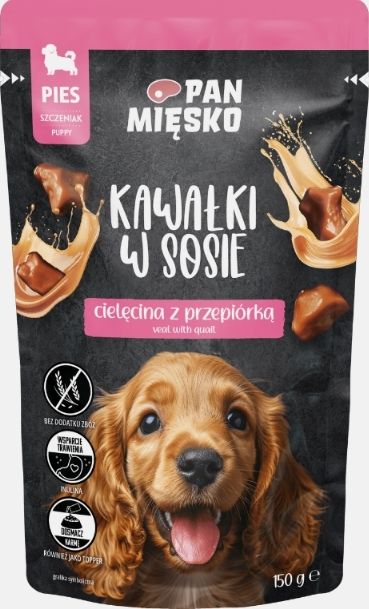 PAN MIĘSKO- KARMA MOKRA DLA SZCZENIĄT - KAWAŁKI W SOSIE- CIELĘCINA Z PRZEPIÓRKA- 150 GR SASZETKA