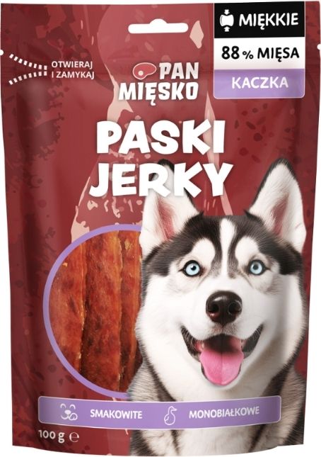 PAN MIĘSKO- PRZYSMAK DLA PSA- MIĘKKIE PASKI JERKY- KACZKA (MONOBIAŁKOWE)- DLA PSA DOROSŁEGO- 100G