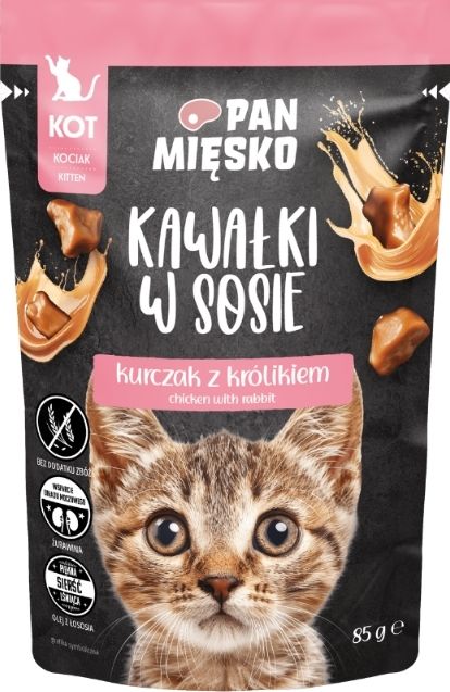 PAN MIĘSKO (MR MEATY)– CHUNKS IN GRAVY–  CHICKEN WITH RABBIT– COMPLETE FOOD FOR KITTENS- 85 GR SACHETS
