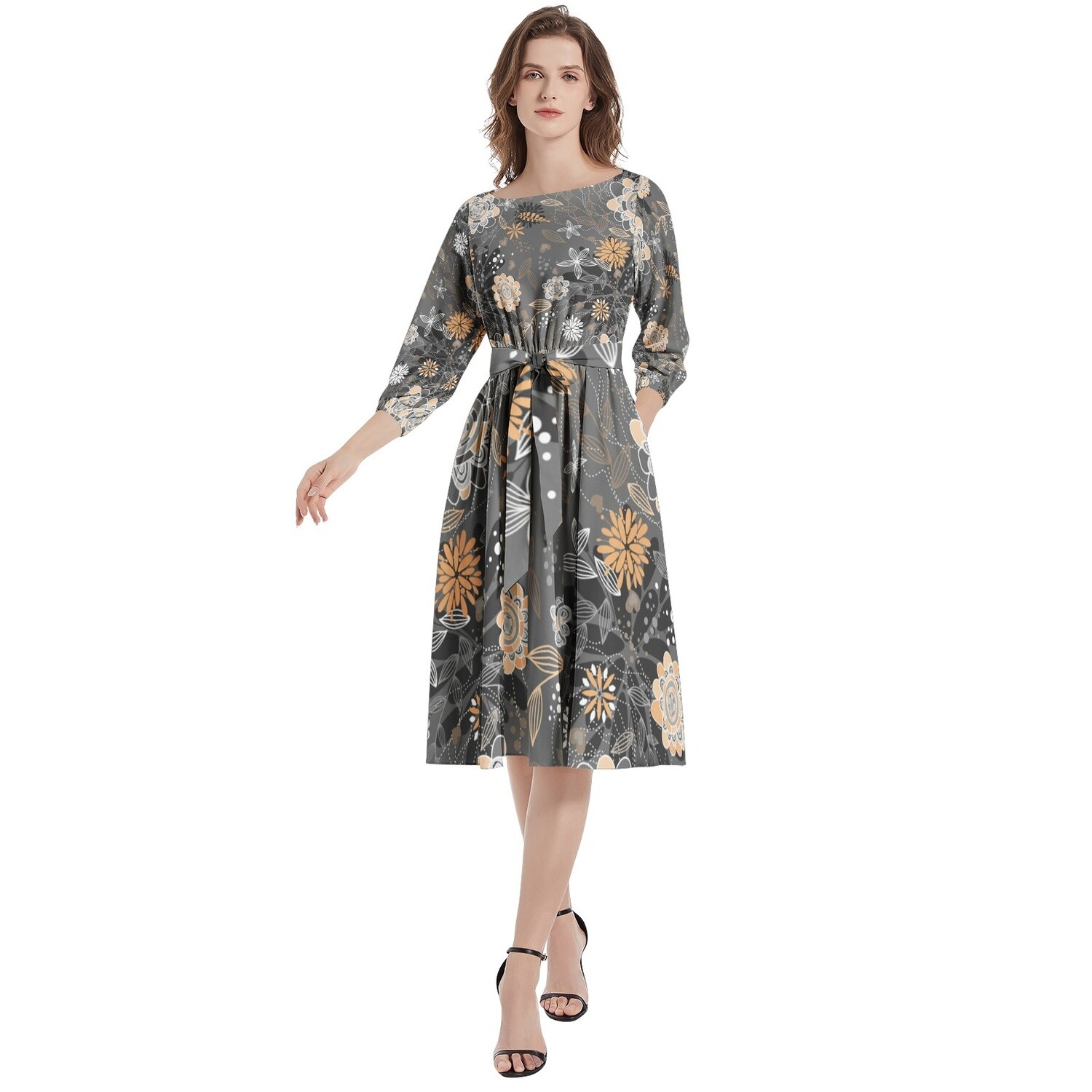 Boat Neck Belted Flared Dress