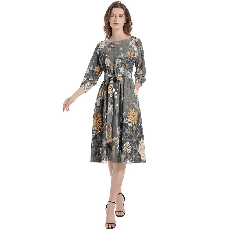 Boat Neck Belted Flared Dress
