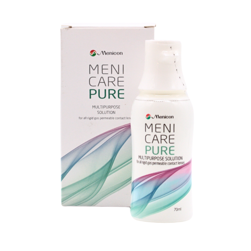 Meni Care Pure Kombilösung - Reisegröße Verpackung und Flasche der Meni Care Pure Kombilösung, 70 ml Reisegröße