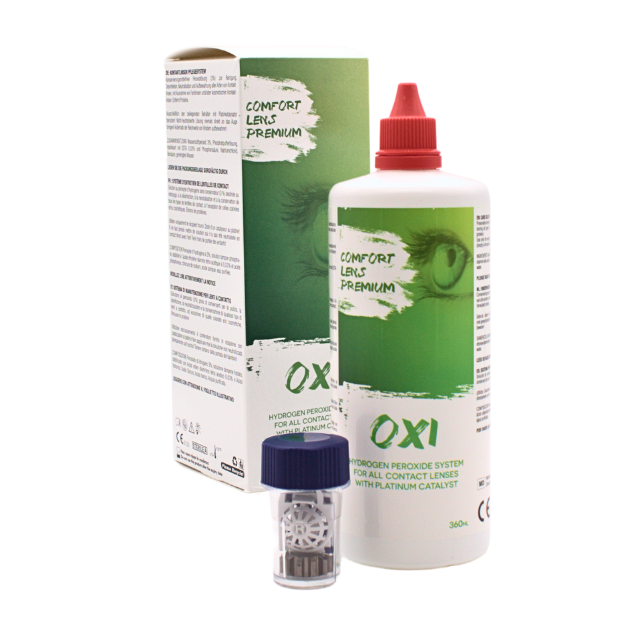 Verpackung und Flasche des OXI Care Peroxydsystem, 360ml mit Kontaktlinsenbehälter 