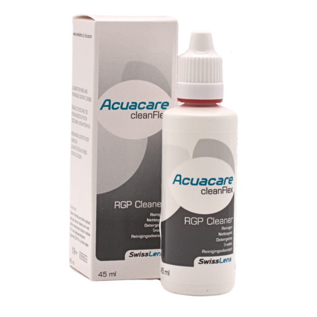Ansicht der Flasche und der Verpackung Acuacare CleanFlex Pflegemittel 45ml für formstabile Kontaktlinsen 
