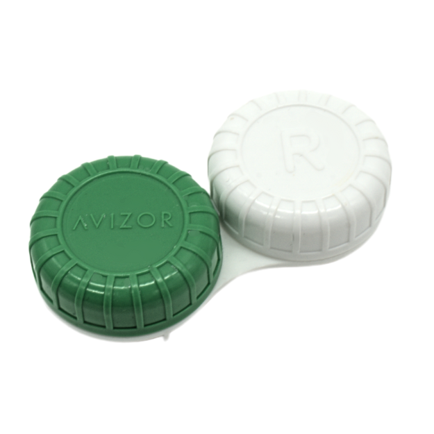 Kontaktlinsenbehälter grün-weißer Deckel, leichte Oberansicht, geschlossene Kammern