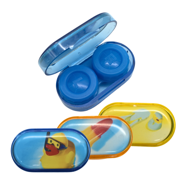 Kontaktlinsenetui mit Kontaktlinsenbehälter und Spiegel, in erhältlichen Farben mit Motiv