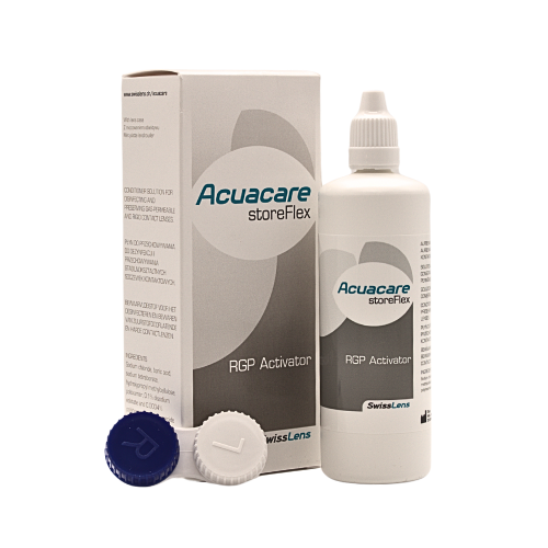 Ansicht von Flasche, Verpackung und Linsenbehälter von Acuacare storeFlex Pflegemittel 120ml