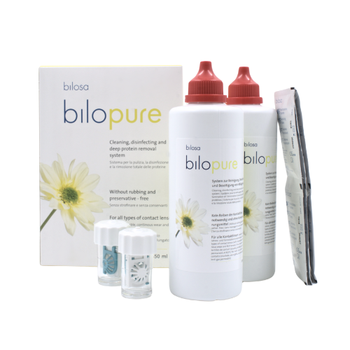 Verpackung, Flaschen, Kontaktlinsenbehälter und Neutralisationstabletten für bilosa bilopure Peroxydsystem  350ml Doppelpack