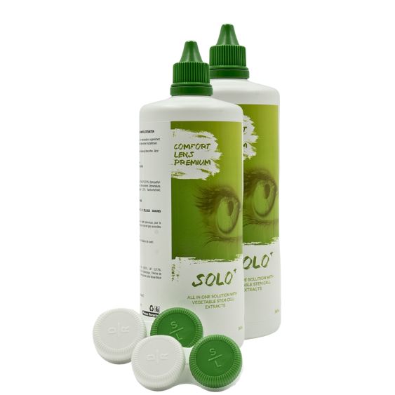 2 Flaschen von Comfort Lens Premium Solo+ 360ml und 2 Kontaktlinsenbehälter