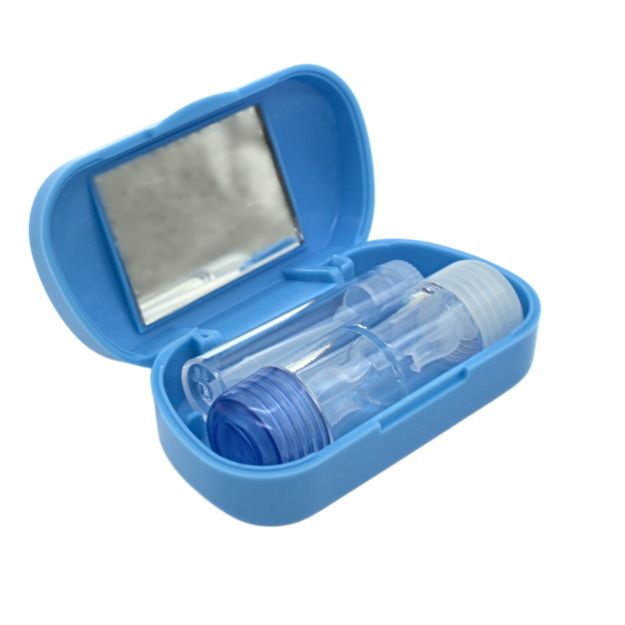 Cutepak Lens Kit für formstabile Kontaktlinsen; Behälter für Kontaktlinsen mit Sauger, geöffnet, mit kleinem Spiegel, blau
