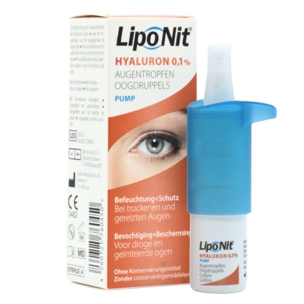 Verpackung und Fläschchen Lipo Nit®  Augentropfen 0,1%, pump 10 ml 