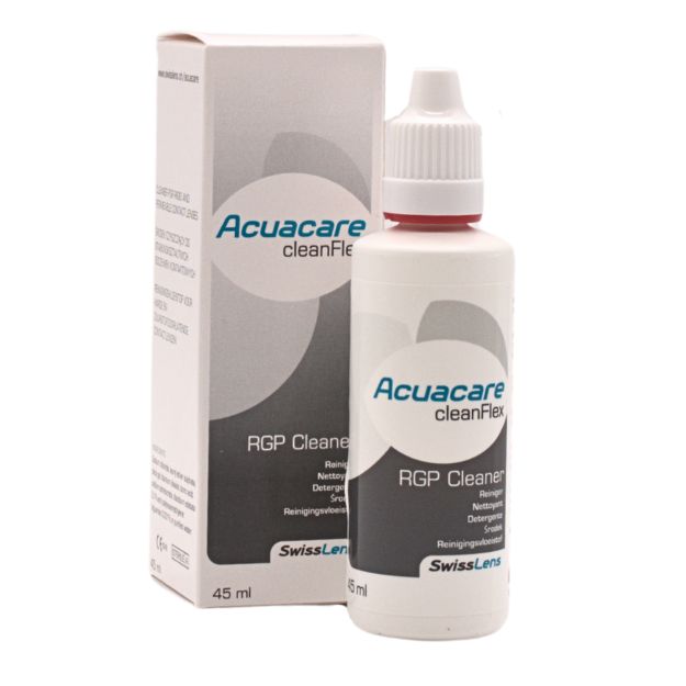 Ansicht der Flasche und der Verpackung Acuacare CleanFlex Pflegemittel 45ml für formstabile Kontaktlinsen 

