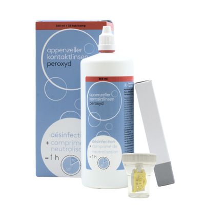 Appenzeller Kontaktlinsen® Peroxydsystem 360 ml Verpackung, Flasche, Kontaktlinsenbehälter und Neturalisationstabletten von Appenzeller Kontaktlinsen® Peroxydsystem 360 ml