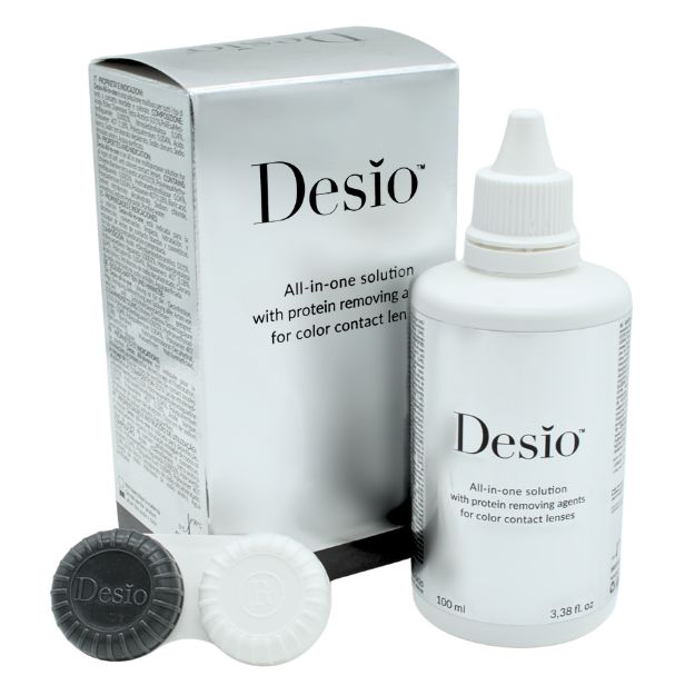 Verpackung und Flasche von Desio™ All-in-One Kombilösung 100ml, Reisegröße mit Kontaktlinsenbehälter
