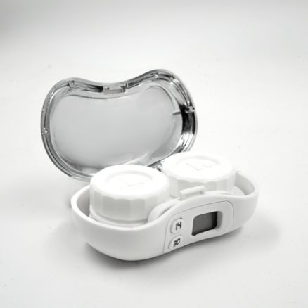 Digicase Kontaktlinsenetui mit Kontaktlinsenbehälter, Erinnerungsfunktion, weiß, geöffnet