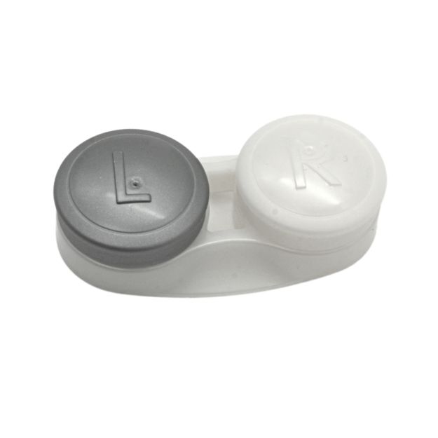 Kontaktlinsenbehälter grau weiß, Links-Rechts-Kennzeichnung, Oberansicht, verschlossen