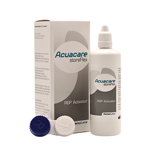 Ansicht von Flasche, Verpackung und Linsenbehälter von Acuacare storeFlex Pflegemittel 120ml