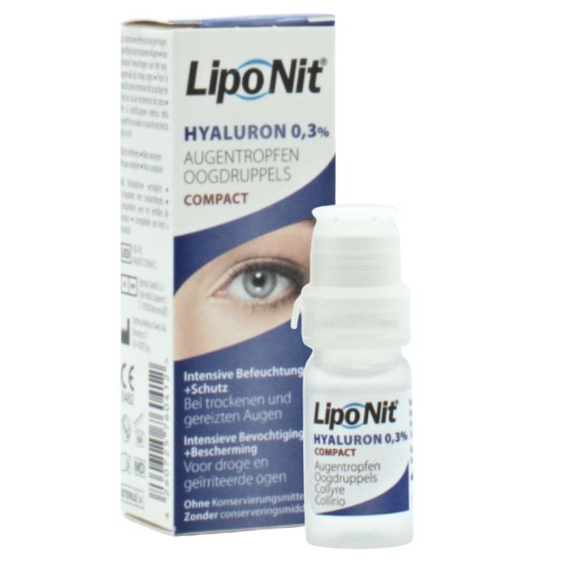 Verpackung und Fläschchen Lipo Nit® Gel-Augentropfen 0,3%, compact 10ml