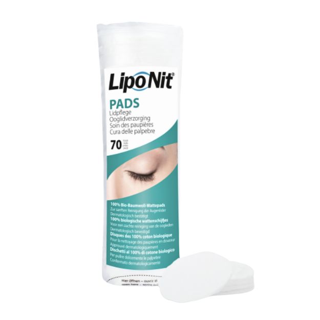 Verpackung Lipo Nit® Lidpflege Bio-Baumwoll-Pads, einzelnes Pad daneben