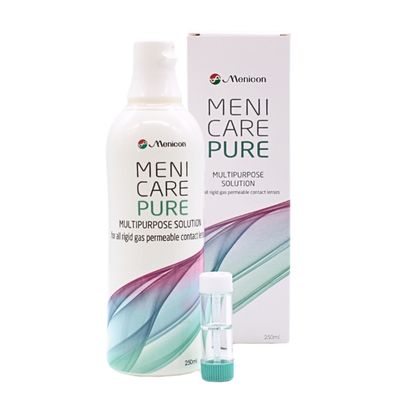 Verapckung und Flasche der Meni Care Pure Kombilösung, 250 ml mit Kontaktlinsenbehälter