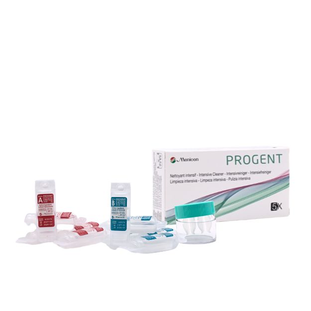 Verpackung, Reinigungsbehälter und 8x Ampullen mit Reinigungslösung, Progent Intensivreiniger