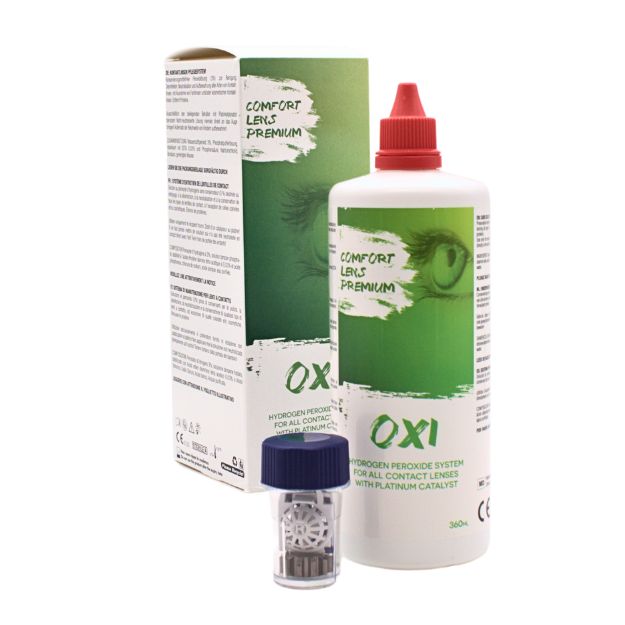 Verpackung und Flasche des OXI Care Peroxydsystem, 360ml mit Kontaktlinsenbehälter 