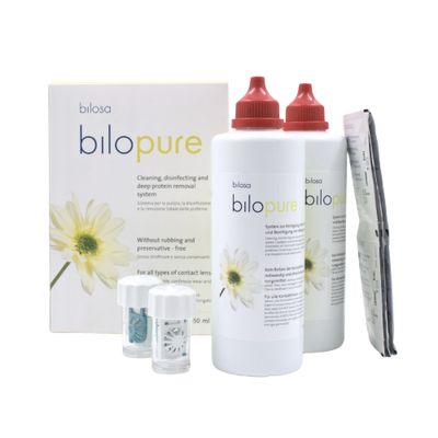 Verpackung, Flaschen, Kontaktlinsenbehälter und Neutralisationstabletten für bilosa bilopure Peroxydsystem  350ml Doppelpack