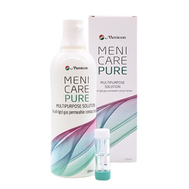 Verapckung und Flasche der Meni Care Pure Kombilösung, 250 ml mit Kontaktlinsenbehälter