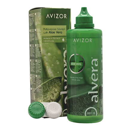 Verpackung, Flasche und Kontaktlinsenbehälter von Alvera Kombilösung 350 ml Pflegemittel für Kontaktlinsen
