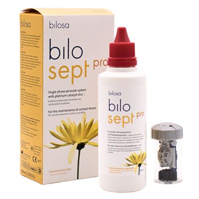 Verpackung, Flasche und Kontaktlinsenbehälter bilosept pro Peroxydsystem - Reisegröße