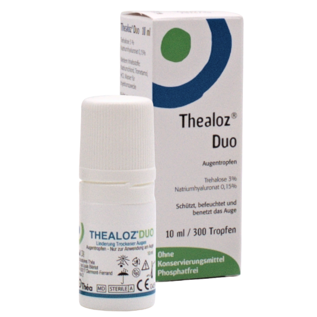 Verpackung und Fläschchen Thealoz® Duo Augentropfen 