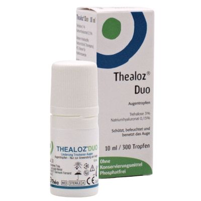 Verpackung und Fläschchen Thealoz® Duo Augentropfen 