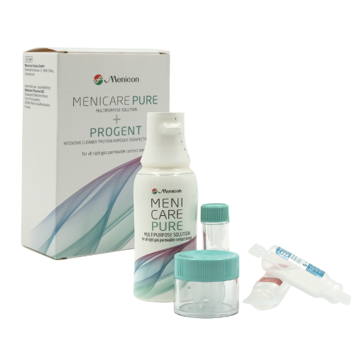 Travelpack - Meni Care Pure Kombilösung® + Progent Intensivreiniger Verpackung und Inhalt des Meni Care® + Progent® Travelpack Reisegröße