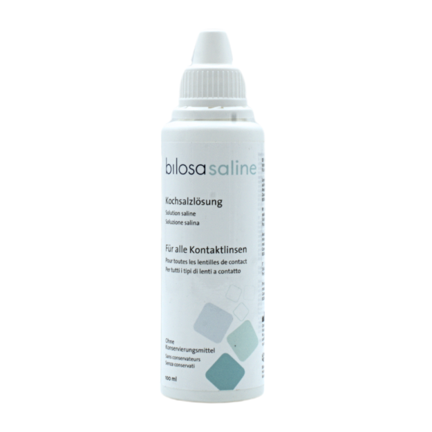 Vorderansicht der Flasche von bilosa Saline Kochsalzlösung 100ml - Reisegröße