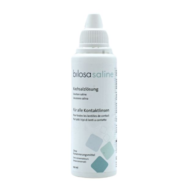 Vorderansicht der Flasche von bilosa Saline Kochsalzlösung 100ml - Reisegröße