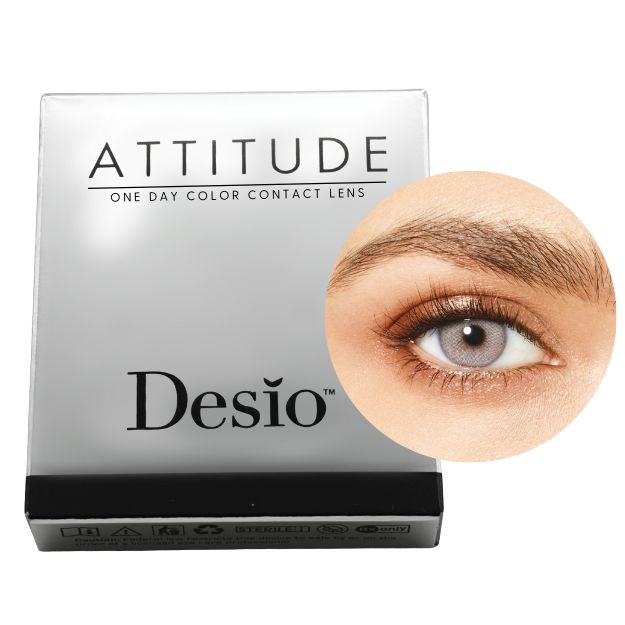 Desio™ Tages-Farblinsen, 2-farbig | Rebel Grey Verpackung und Auge Farbmuster der Desio™ Tages-Farblinsen, 2-farbig | Rebel Grey Farblinsen
