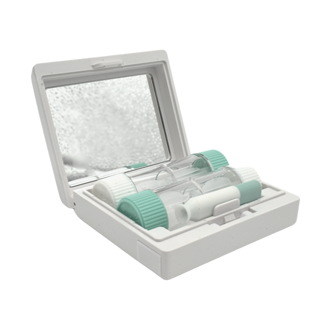 MeniBox Lens Kit Etui mit 2x Kontaktlinsenbehälter, Sauger und Spiegel, geöffnet