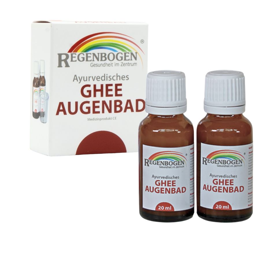 Verpackung und 2 Fläschchen des Ghee Augenbads