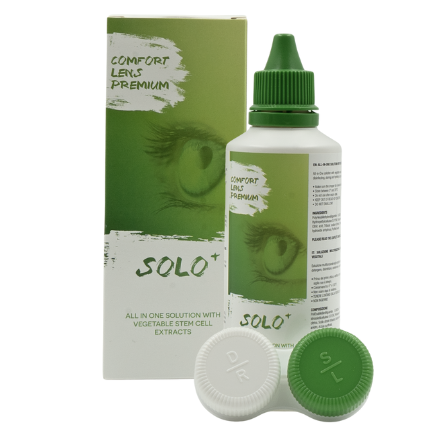 Comfort Lens Premium Solo+ - Reisegröße Flasche und Verpackung von Comfort Lens Premium Solo+ - Reisegröße 100 ml mit Kontaktlinsenbehälter