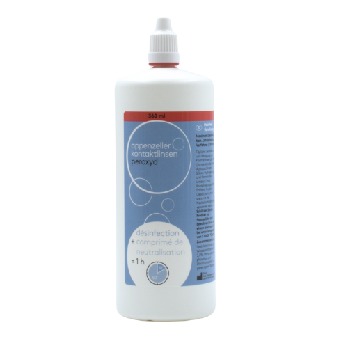 Verpackung, Flasche, Kontaktlinsenbehälter und Neturalisationstabletten von Appenzeller Kontaktlinsen® Peroxydsystem 360 ml