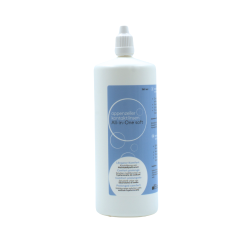 Verpackung, Flasche und Kontaktlinsenbehälter von Appenzeller Kontaktlinsen® All-in-One soft Kombilösung 360 ml