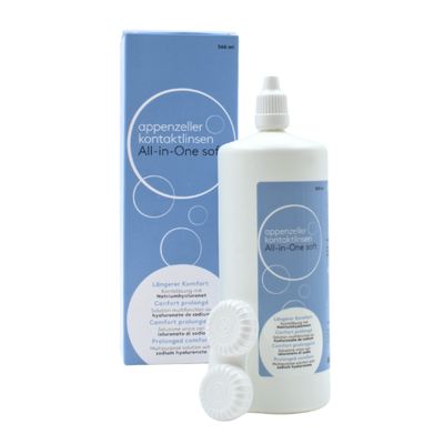 Verpackung, Flasche und Kontaktlinsenbehälter von Appenzeller Kontaktlinsen® All-in-One soft Kombilösung 360 ml