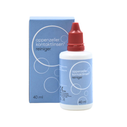 Appenzeller Kontaktlinsen® Reiniger 40 ml Verpackung und Flasche des Appenzeller Kontaktlinsen® Reiniger 40 ml