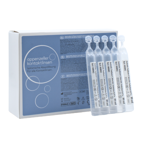 Appenzeller Kontaktlinsen® isotonische Abspüllösung (Saline) 30x 10ml Vorderansicht der Verpackung, Ampullen der Appenzeller Kontaktlinsen® isotonische Abspüllösung 30x 10ml
