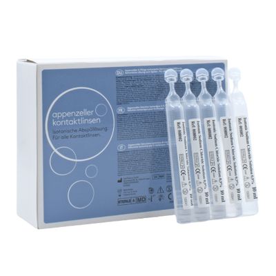 Appenzeller Kontaktlinsen® isotonische Abspüllösung (Saline) 30x 10ml Vorderansicht der Verpackung, Ampullen der Appenzeller Kontaktlinsen® isotonische Abspüllösung 30x 10ml