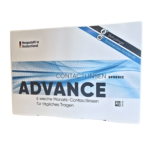 Advance Monatslinsen, sphärisch (BC 8,3) Vorderansicht der Verpackung Advance Monatslinsen, sphärisch