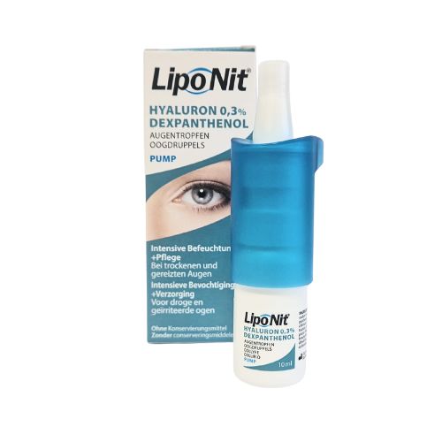 Verpackung und Fläschchen Lipo Nit®  Augentropfen Hyaluron 0,3%  Dexpanthenol 10ml