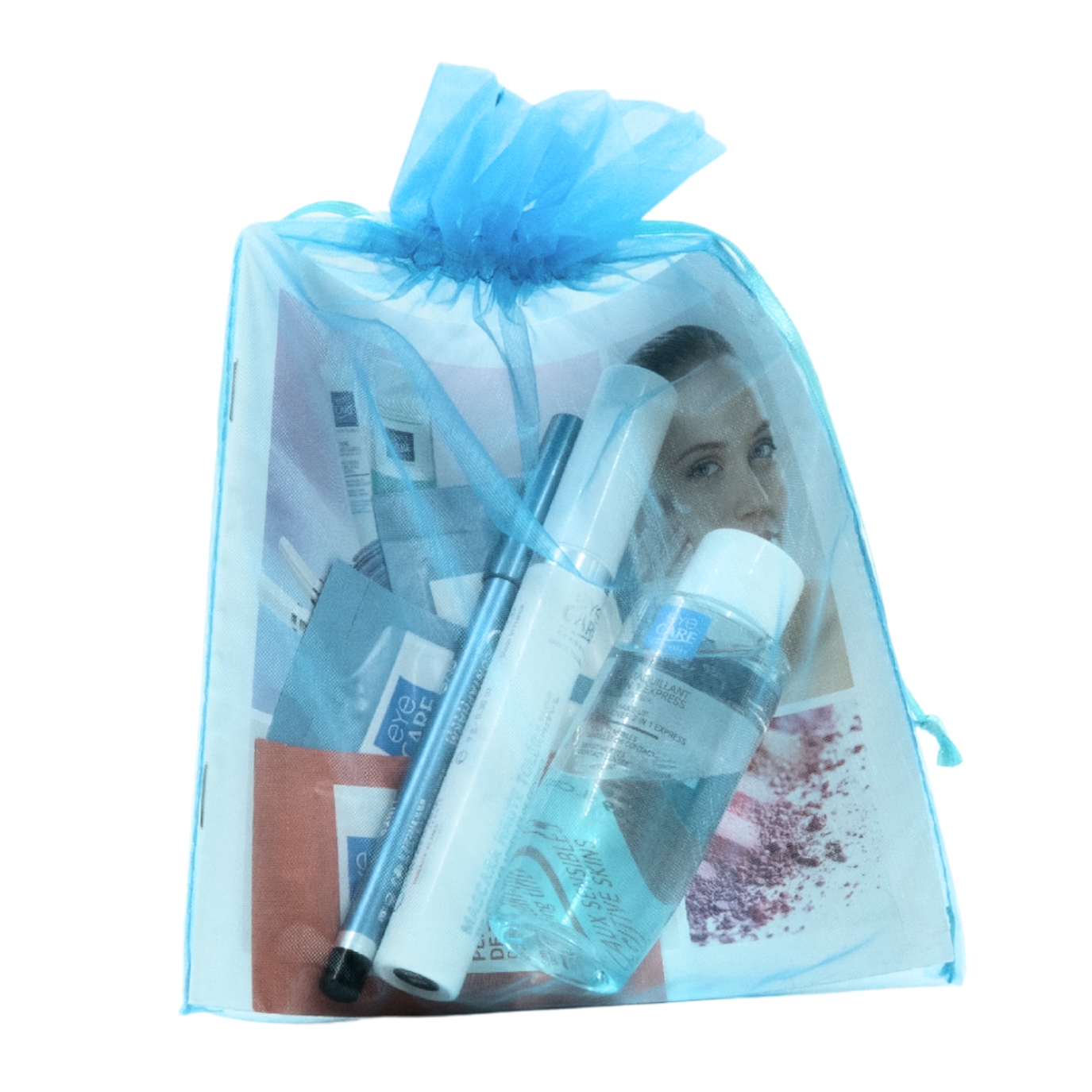 eyeCARE™ Beauty Bag, weißer Organza-Beutel mit verschiedenen Produkten